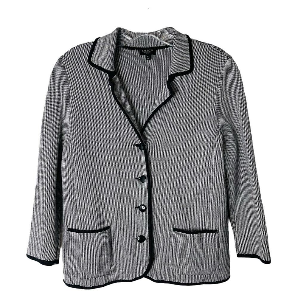Talbots black white knit silk blend preppy office stretchy button blazer small